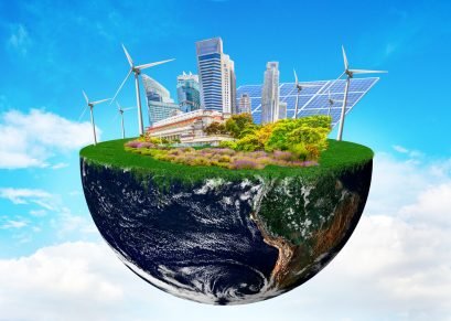 Decorative header image. Half of globe with city sitting on top, floating in the blue sky.